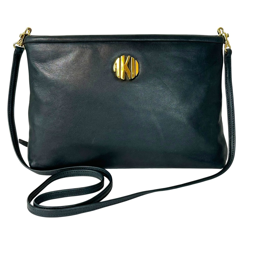Anne‎ Klein II Logo Leather Crossbody Bag Navy Blue Gold Medallion Vintage 90s
